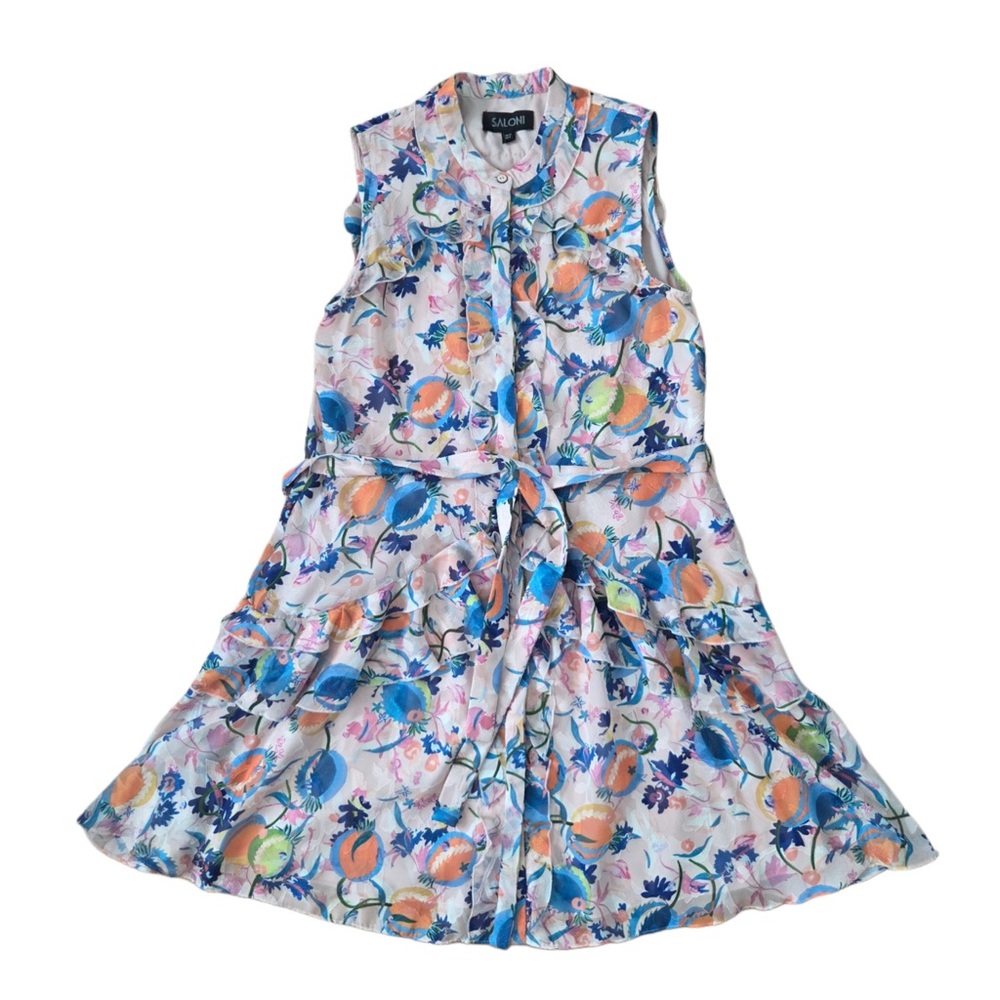 SALONI Multicolor Floral Citrus Ruffled Sleeveless Shirt Dress Matching Belt Tie